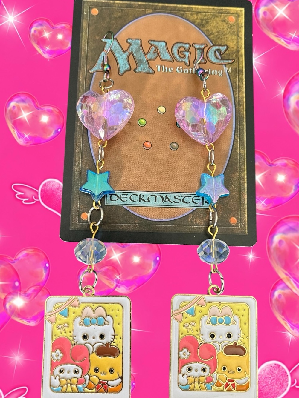 Handmade Pink Iridescent Heart & Character Dangle Earrings - Kids Accessories